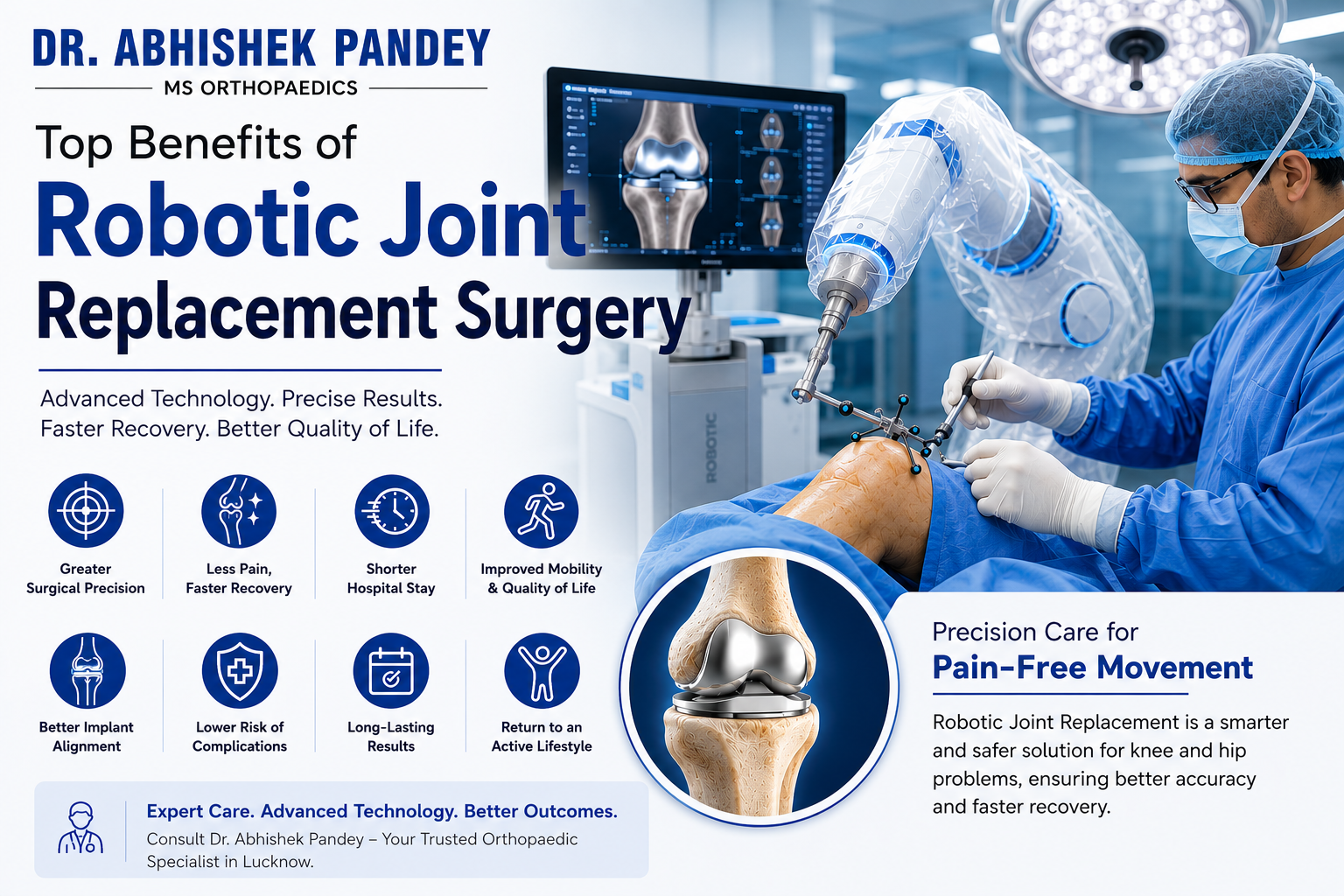 Robotic joint replacement surgeon in Lucknow performing advanced robotic knee replacement surgery with precision technology for faster recovery.
